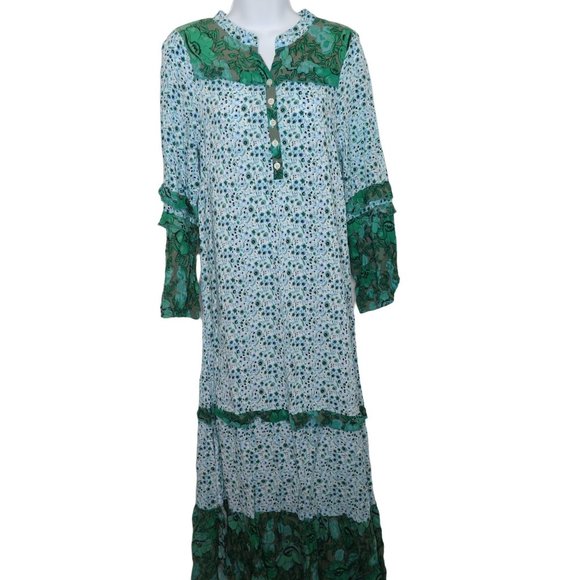 R. Vivimos Maxi Dress S Green Floral Ruffles Long Sleeve Peasant Prairie Cottage - Picture 5 of 9